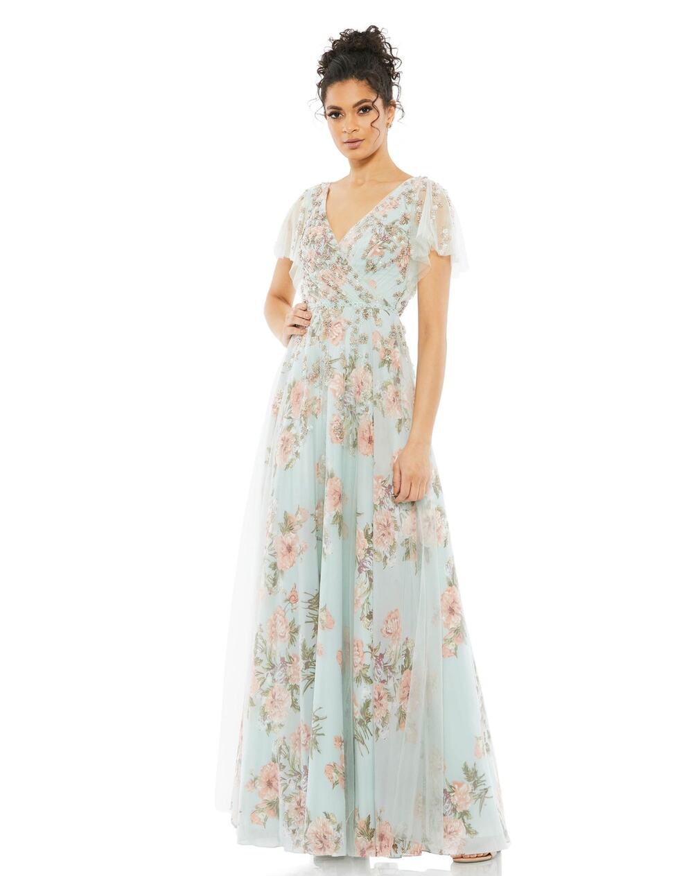 Mac Duggal Floral Flutter Sleeve V Neck Pastel Blue Multi Maxi Dress 16